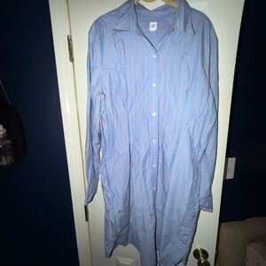 GAP Blue and Orange Striped Button Down Shirt Dress with side pockets. Tall